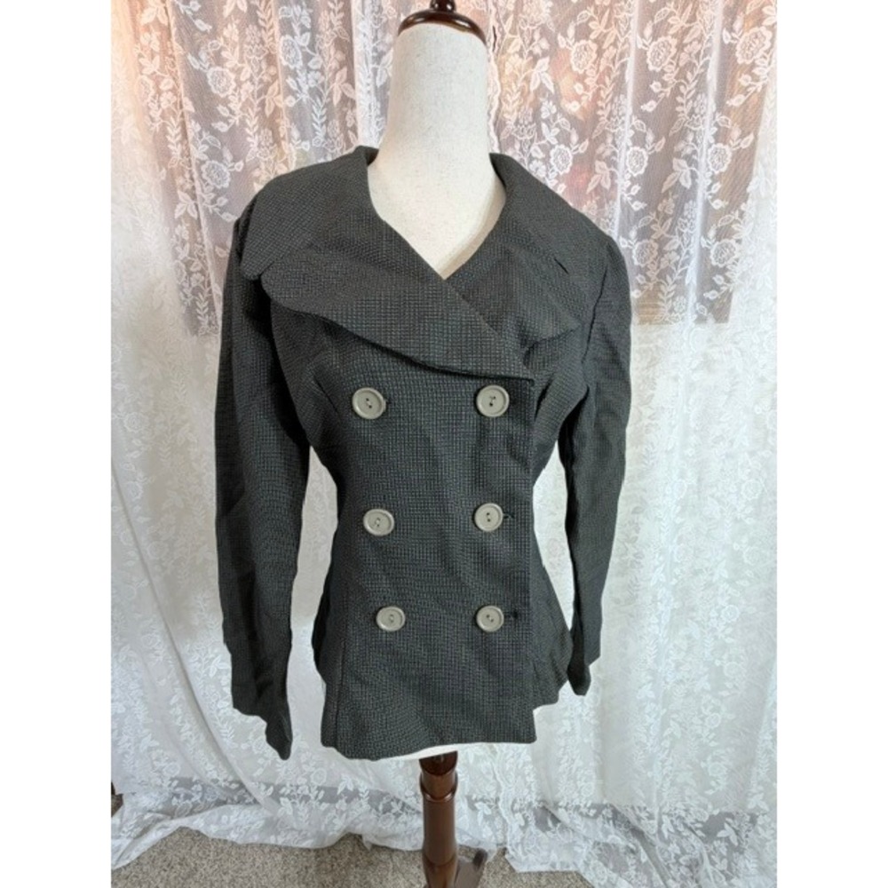 Next Page Vintage Double Breasted Blazer Grey Micro Check Oversized Collar Lined